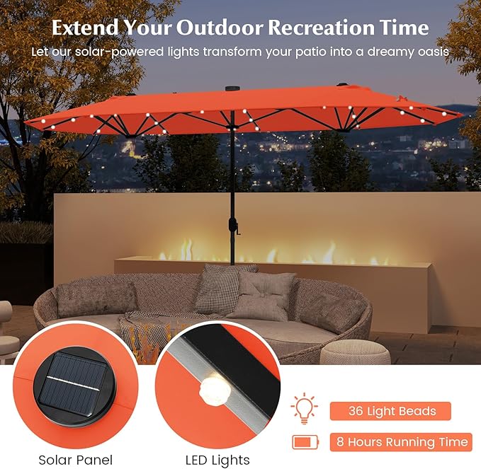Tangkula 9 Pieces Rattan Outdoor Dining Set with 13Ft Solar Patio Umbrella for 6, Outdoor Wicker Table Set with 8 Cushioned Chairs, Acacia Wood Top, Outdoor Umbrella with Base Included