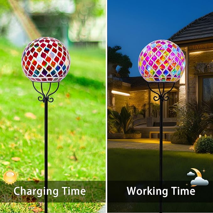 VCUTEKA Solar Outdoor Lights Garden Decor Mosaic Solar Garden Lights Waterproof Glass Ball LED Pathway Stake Light for Landscape Lawn Patio Yard Decoration 6 inch, Red