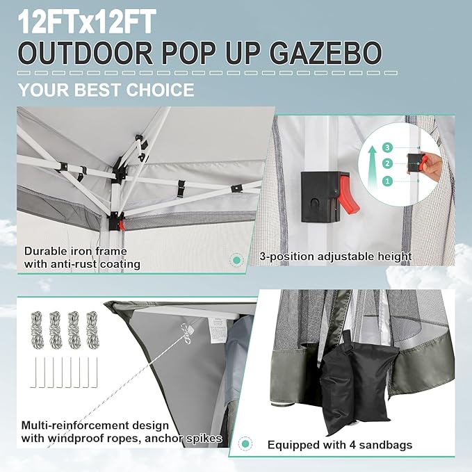 COBIZI 12x12 FT Pop up Gazebo on Clearance Outdoor pop up Canopy Tent,carpas para Patio, Shelter Tents with Sandbags & Portable Carry Bag, Patio Gazebos for Camping, Garden & Lawn, Darkgrey(Upgraded)