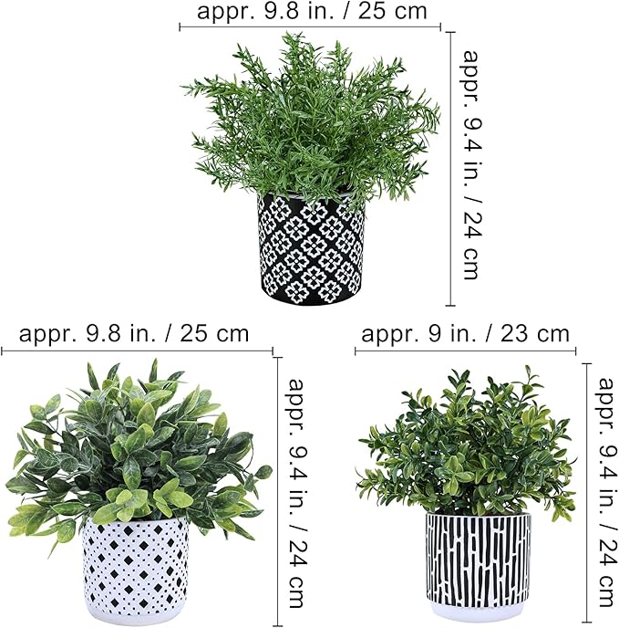 Winlyn 3-Pack Artificial Potted Plants - Faux Eucalyptus, Rosemary, Boxwood Greenery in Small Black & White Geometric Concrete Pots -Desk, Table, Shelf, Windowsill Decor for Indoor Outdoor Home Office