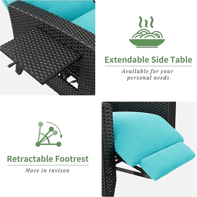IDEALHOUSE Wicker Outdoor Recliner Reclining Patio Chairs with Adjustable Back & Footrest 150° Lay-Flat Reclining with Air Pump Rattan Flip-Up Side Table Outdoor Lounge Chairs for Pool Deck Balcony