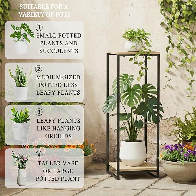 34" Tall Plant Stand Indoor, 2-Tier Modern Plant Shelf, Corner Flower Pot Holder Organizer for Living Room Balcony Patio Garden (Light Oak)