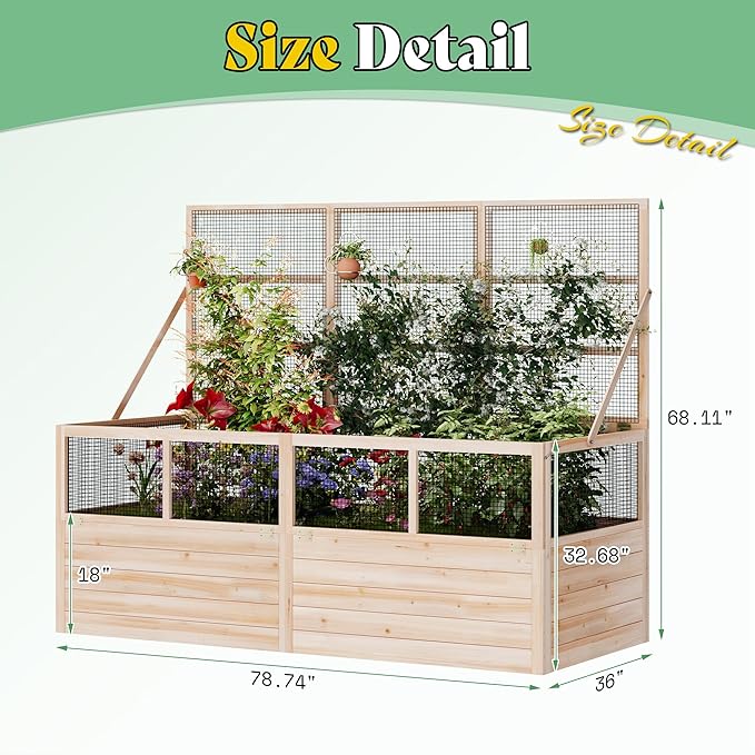 AMERLIFE Raised Garden Bed with Hinged Fencing and Trellis, 18 Inch Deepened Wood Planter Box, 2 PCS Flip-up Front Panel, Easy Assembly, Ideal for Seed Starting and Growing Vegetables & Fruits