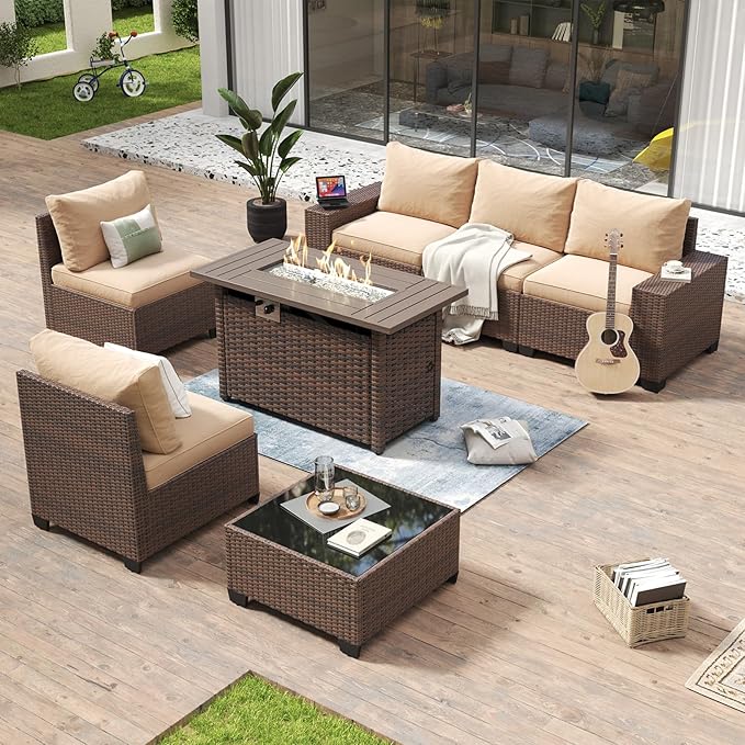 Aoxun 7 Piece Patio Furniture Set with Wide Armrests & 44” Fire Pit Table Wicker Rattan Outdoor Sectional Sofa Set with Coffee Table and Thickened Cushions, Brown/Beige(Waterproof Cover Included)