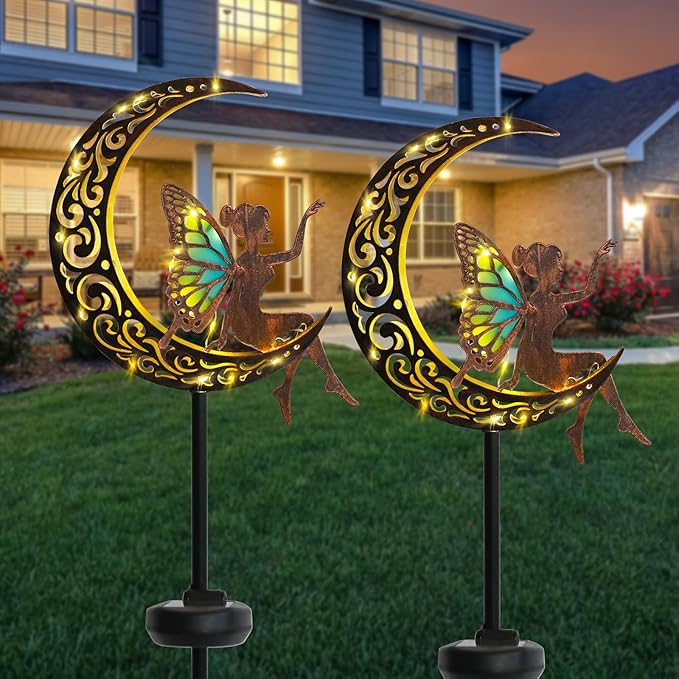 Afirst Solar Garden Lights Outdoor Decor Moon Fairy Stake Lights Waterproof Warm White LED Metal Stake Decor for Outdoor Pathway Yard Lawn Decoration Housewarming Mom Gifts 2 Pack