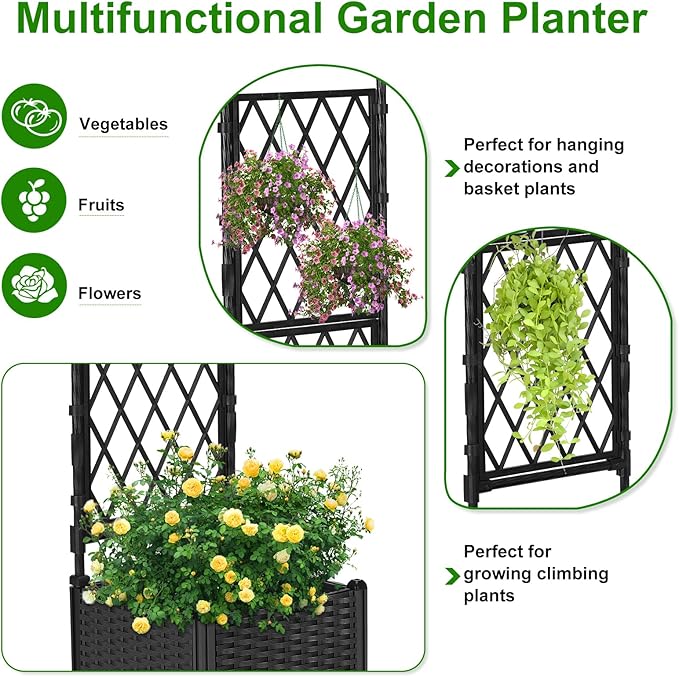 Planter with Trellis Raised Garden Beds, Trellis Planter Box Outdoor Self-Watering for Gardening, Climbing Vegetables, Flowers, Balcony Backyard Patio, Black,1PC