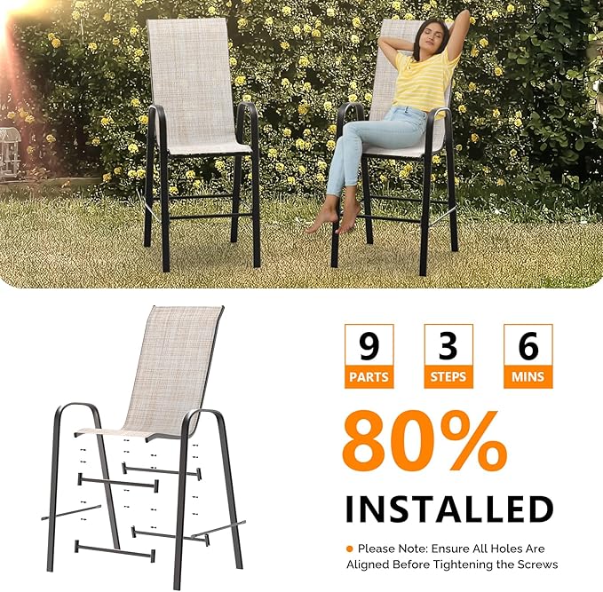 VINGLI Outdoor Bar Chairs Set of 8 – Stackable Outdoor Bar Stools with Sturdy Sling High Back and Armrests for Lawn, Courtyard, Garden, Bar, Yellow