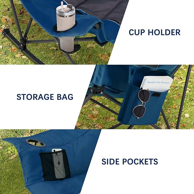 Oversized Rocking Camping Chair with Headrest & Cup Holder - 400lbs Capacity, 600D Oxford Fabric, Easy Fold Portable Outdoor Rocker Chair for Camping, Backyard, Beach, Blue