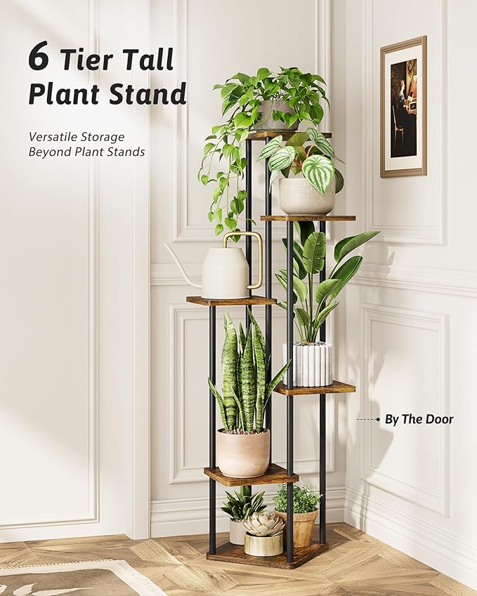 Corner Plant Stand Indoor 6 Tiered Plant Shelf for Multiple Plants Tall Plant Stand Shelf Wood Plant Stands Metal Shelving for Living Room Bedroom Balcony Brown Oak