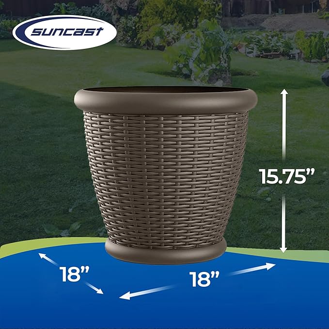 Suncast 4 Pack Wicker Planter w/ Drillable Drain Holes, Decorative Indoor/Outdoor Pot, 18in, Java