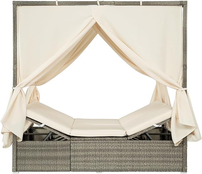 Harper & Bright Designs Adjustable Outdoor Sun Lounger with Canopy,Multi-Position Recline Patio Chair with Removable Cushion,Weather-Resistant Rattan Chaise Lounge for Poolside,Garden & Terrace,Beige