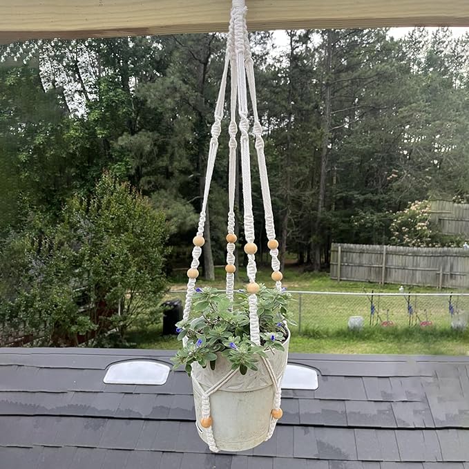 Macrame Plant Hanger Set of 2, 35 Inch Indoor Hanging Planter with 4 Hooks, Macrame Plant Hangers for Pots, No Tassels Boho Home Decor, Ivory (Pots Not Included)