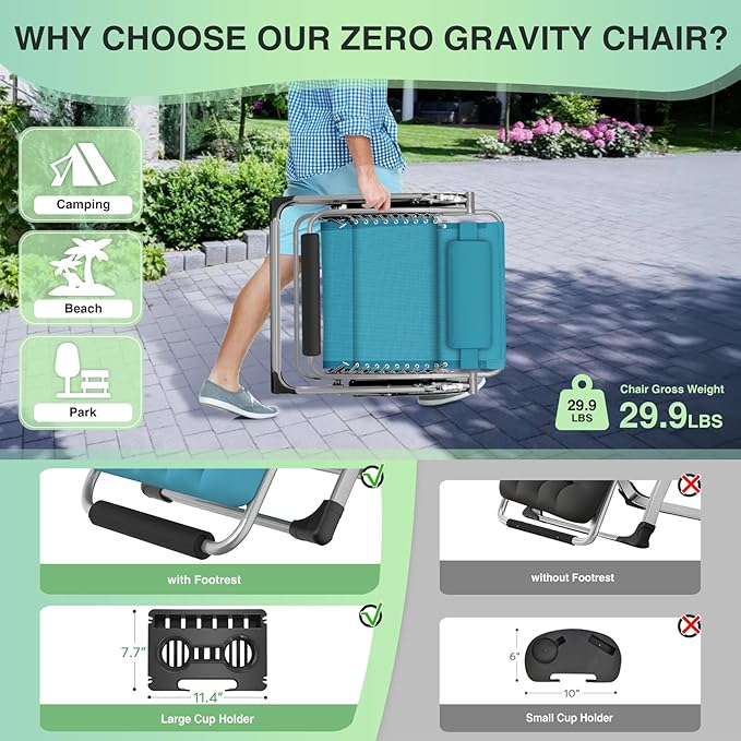 Suteck Oversized Zero Gravity Chair,33In XXL Outdoor Recliner Chair w/Removable Cushion&Headrest, Camping Lounge Chair w/Upgraded Lock&Footrest, Reclining Patio Chairs for Indoor Outdoor,500LBS
