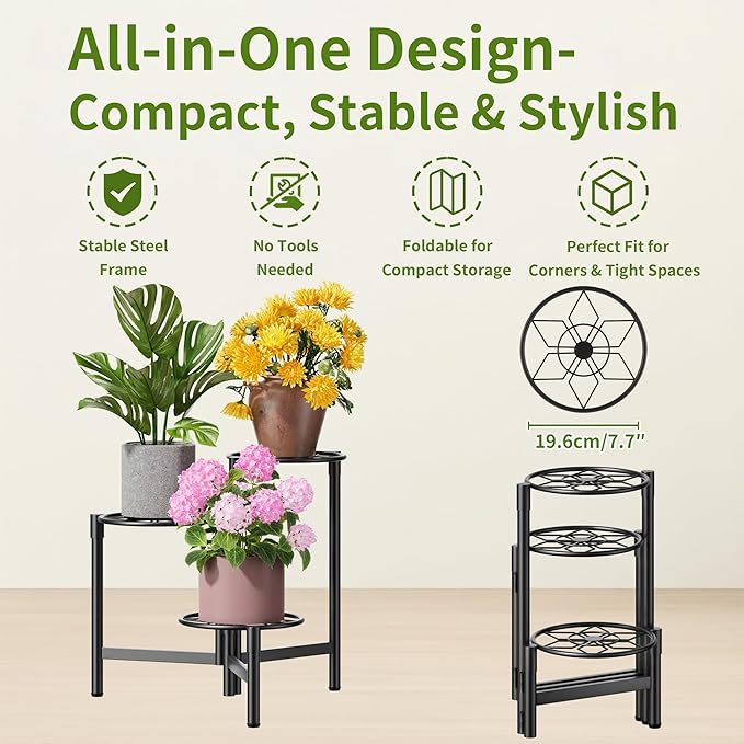 Tiered Plant Stand Outdoor 3 Tier Indoor Metal Flower Shelf for Multiple Plants Corner Tall Flower Holders for Patio Garden Living Room Balcony Bedroom Black Diamond