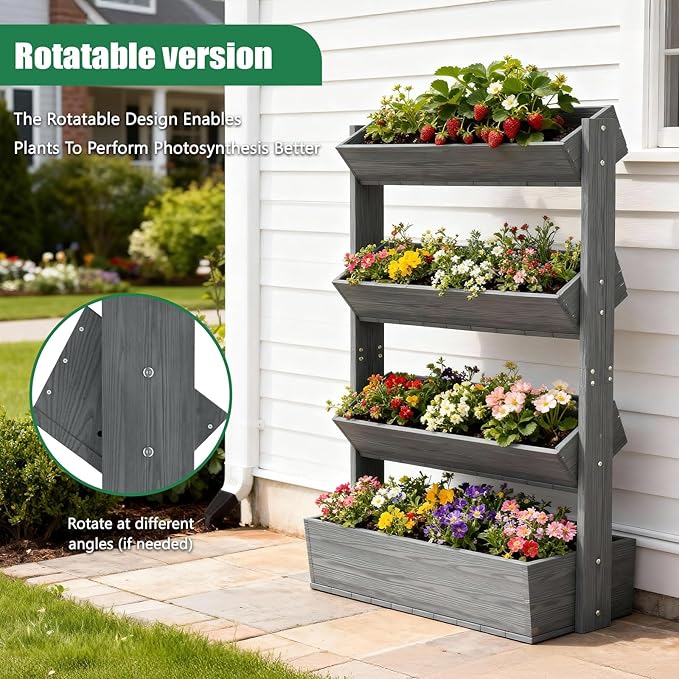 SUNYRISY 4 Tiers Vertical Raised Garden Bed Outdoor Planter Tower, Wooden Freestanding Planter Box for Planting Herbs Flowers Vegetables Patio Balcony Indoor Outdoor Gardening, Grey