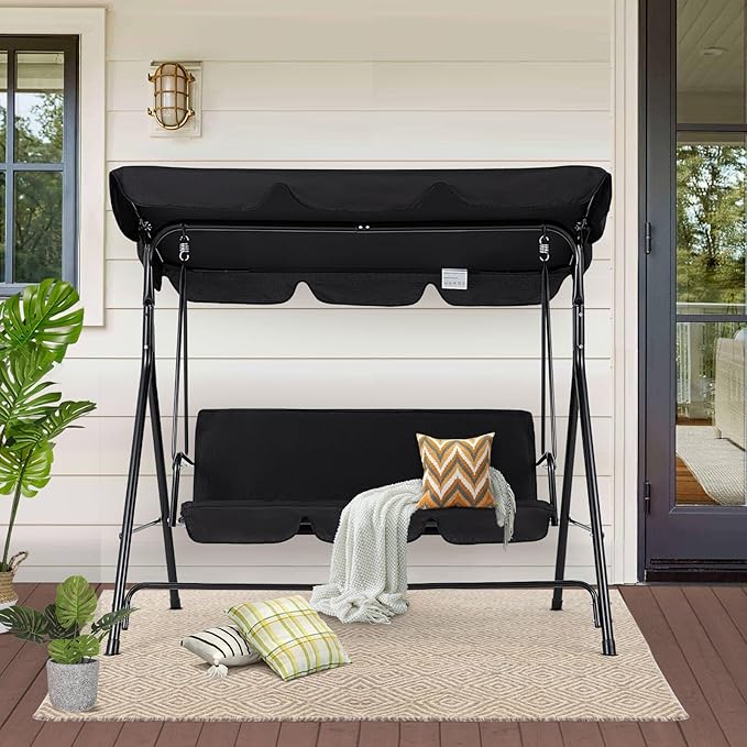 AECOJOY Porch Swing with Stand, Outdoor Swings for Adults, 3-Seat Outdoor Swing with Canopy, Outside Swing Bench with Removable Cushion, Suitable for Backyard, Garden, Yard, Poolside, Balcony (Black)