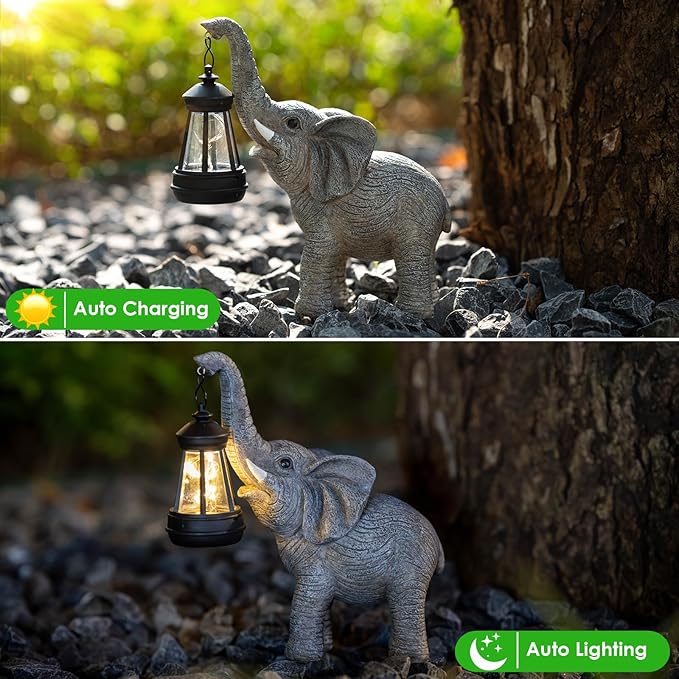 Solar Garden Statue Lights Elephants Figurine with Solar Lantern, Outdoor Yard Decorations for Patio Porch Home, Mothers Day Decorations Gift for Women - Unique Housewarming Gifts