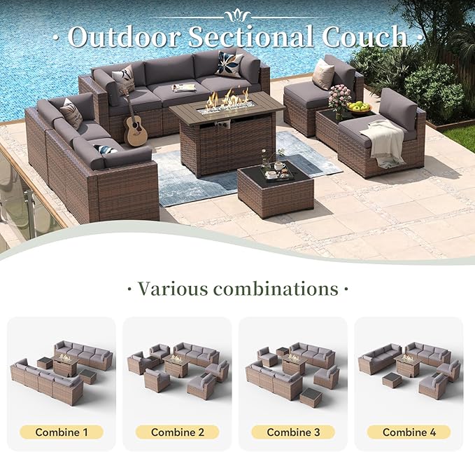 Aoxun 11 Piece Patio Furniture Set with 44” Fire Pit Table Wicker Rattan Outdoor Sectional Sofa Set with Coffee Table and Thickened Cushions, Gray (Waterproof Cover Included)
