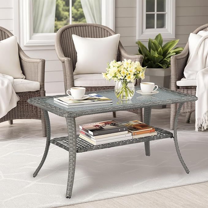 VINGLI Outdoor Coffee Table with Storage Wicker Patio Coffee Table, Tempered Glass Top Coffee Table for Patio Outside Balcony Porch Deck (Grey)