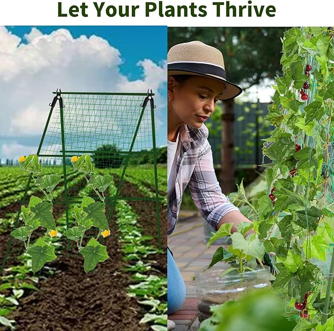 A-Frame Metal Garden Trellis Set for Raised Bed for Climbing Plants Outdoor-Detachable Cucumber Climbing Trellis with Net Clips-Garden for Cucumber Flowers Vegetables