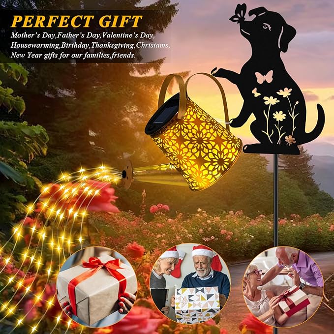 Solar Lights Outdoor Decorative, Watering Can with Cascading Lights, with Dog Silhouette Garden Stakes, Gifts for Mom Women, Waterproof Metal Garden Decor for Yard Art, Outside(1 Pack)