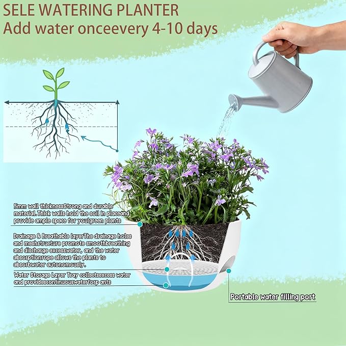 Set of 2-8 Inch Self Watering Hanging Planters for Indoor Outdoor，Hanging Plant Pots with Drainage & Removable Tray, Hanging Pots Holder for Ivy, Pothos, Ferns, Balcony & Patio, White