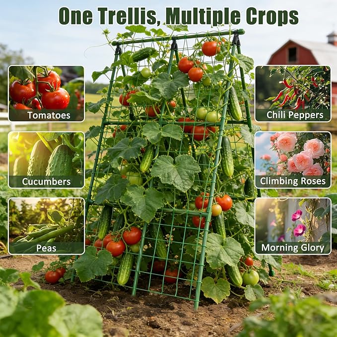 Miory Cucumber Trellis for Raised Beds, 2 Pack 32x48" A-Frame Garden Trellis, Climbing Plant Support with Netting for Cucumber Tomato Bean Pea