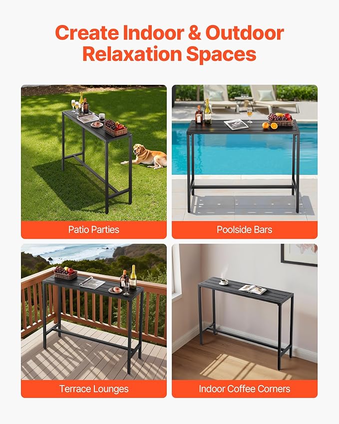 VEVOR Outdoor Bar Table, 47 x 15 in Patio Bar Table, Waterproof Top & Sturdy Metal Frame, Rectangle Counter Height Dining Tables, Outdoor Furniture for Balcony, Yard, Hot Tub, Poolside, Indoor
