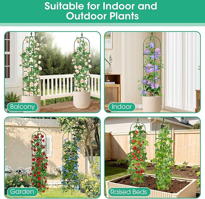 2 Pack Garden Obelisk Trellis for Climbing Plants, 71" Metal Rustproof Plant Support Rose Trellis, Tower Potted Cages for Flowers Fruits Vegetable Vines Indoor & Outdoor, Green(4 Tiers)