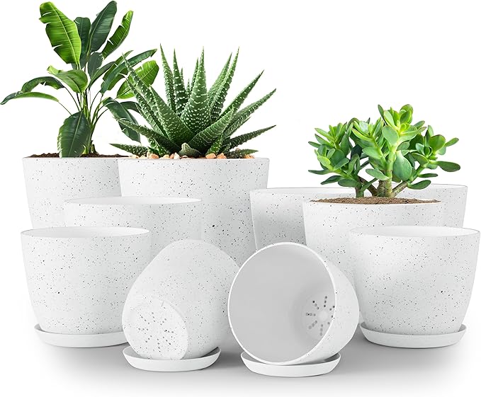 Utopia Home - Spotty Plant Pots Indoor with Drainage - 7/6.6/6/5.3/4.8 Inches Flower Pots - 10 Pack Plastic Planters - Ideal for Stocking Stuffers - (Speckled Grey, Pack of 10)