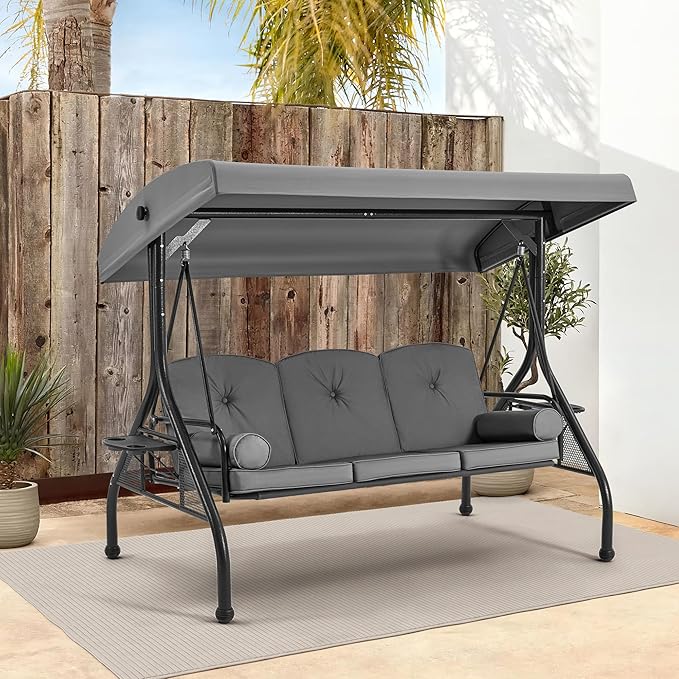 HOMREST 3 Seat Outdoor Porch Swing with 1.5" Deep Cup Holder, Adjustable Canopy,Patio Swing Bed with Stand, Patio Glider Swing with Thicken Cushions, Pillow（Grey）