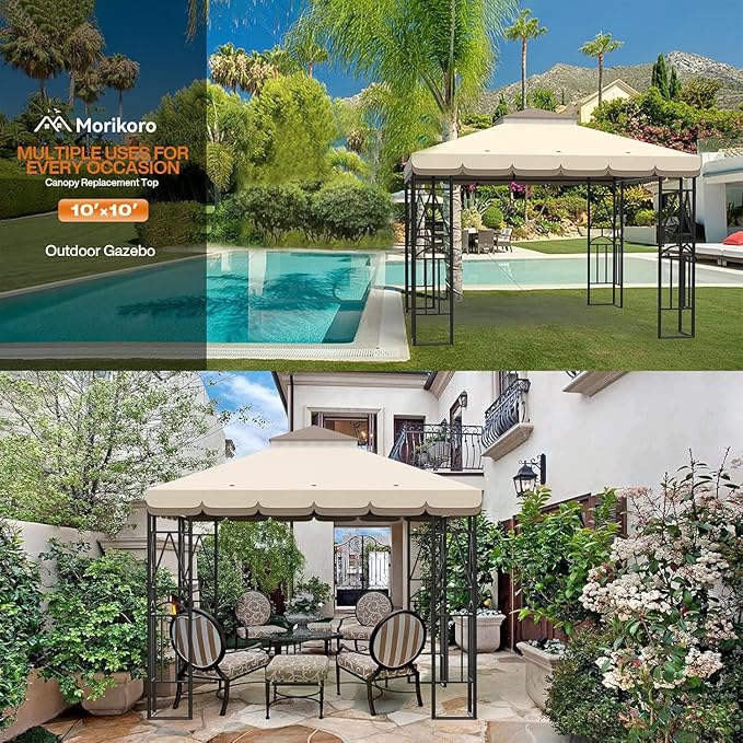 10x10 Canopy Replacement Top Double Tiered Gazebo Cover for Yard, Patio & Garden Durable Sunshade Replacement (BeigeBrown with lace)