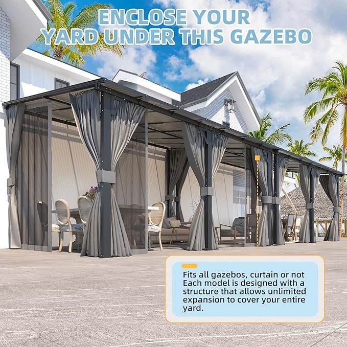 AECOJOY 20' X 12' Gazebo for Patio, Large Wall-Mounted Lean to Pergola Gazebo with Curtains and Netting, 12x20 Hard Top Pergolas and Gazebos on Clearance for Lawn Backyard Garden Deck