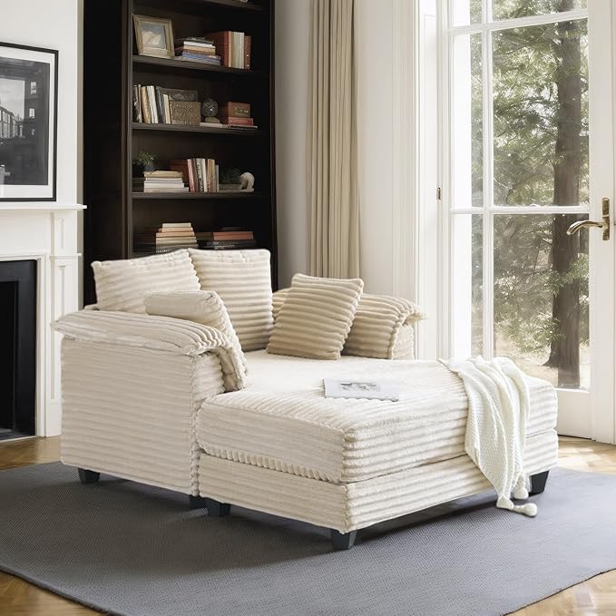 VINGLI 56" Oversized Chaise Lounge Chair, Beige Comfy Corduroy Chaise Sofa Recliner Bed Upholstered Sleeper Couch Bed with Throw Pillows and Armrests for Living Room, Movie Room, Bedroom