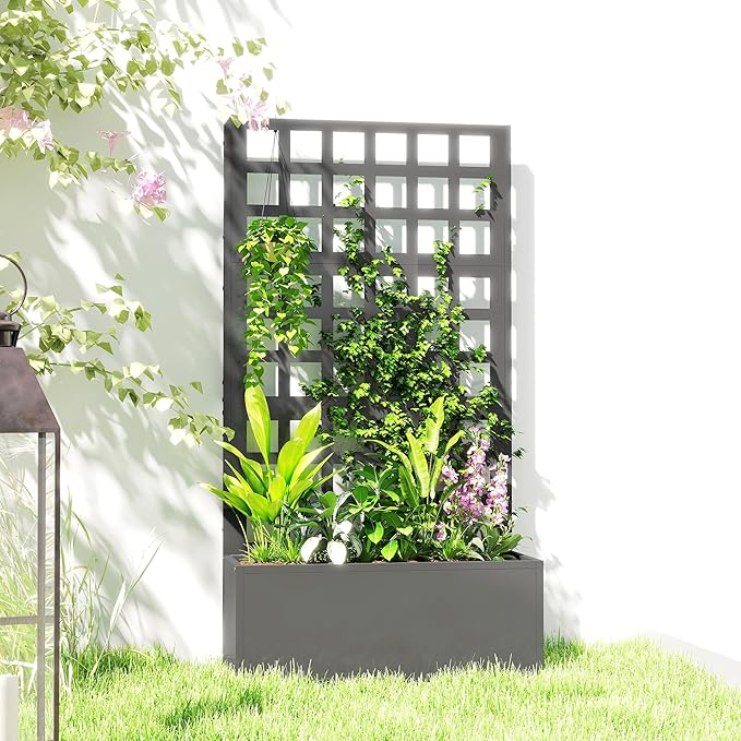 Outsunny Galvanized Raised Garden Bed with Trellis, Metal Planter Box with Drainage Holes, Outdoor Privacy Screen for Climbing Plants, Vegetable, Vines, 24" x 9" x 44.5", Gray