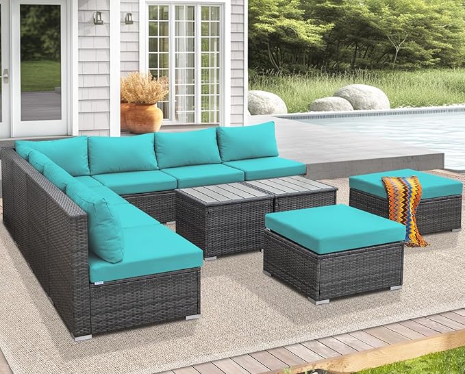 NICESOUL 11 Piece L Shaped Outdoor Conversation Set, 29.3'' High Back Comfy Wicker Patio Sectionals, Large Size Wide & Deep Seat Sofa Couches, 9 Seater Modern Furniture, 2 Color Cushion Teal & Gray