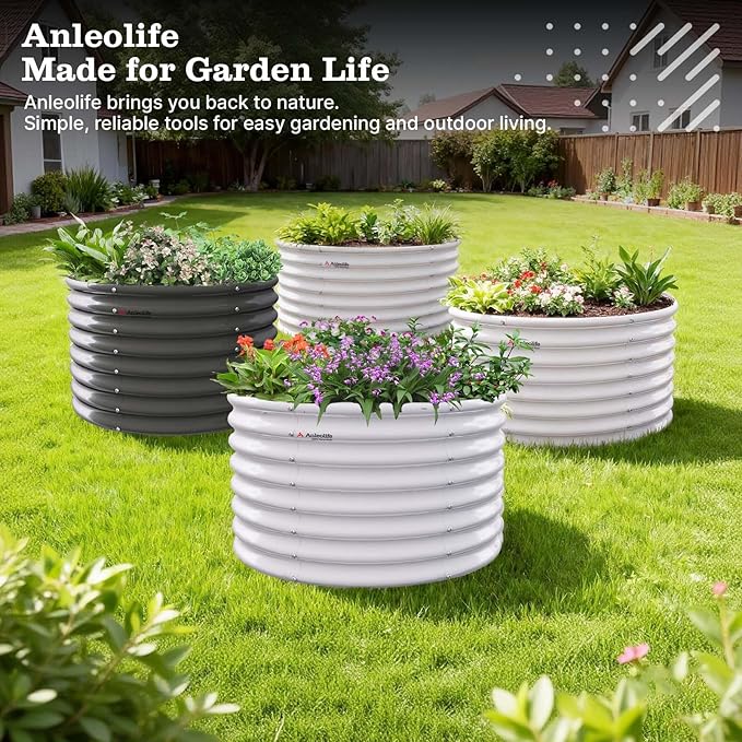 A ANLEOLIFE 2-Pack 3ft x 24” Tall Galvanized Raised Garden Beds Outdoor, Round Metal Planter Box for Planting Vegetables Flowers Herb, Anti-Rust & Easy-Setup, Antique White