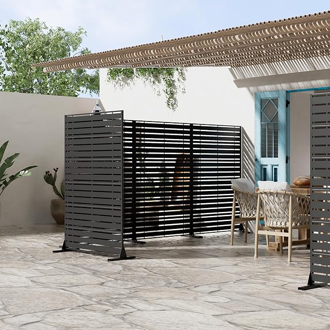 Casaphoria Metal Privacy Screen Outdoor, 72" H x 47" W Freestanding Decorative Privacy Screen for Patio Deck Balcony Garden with Stable Base, Black-Adams