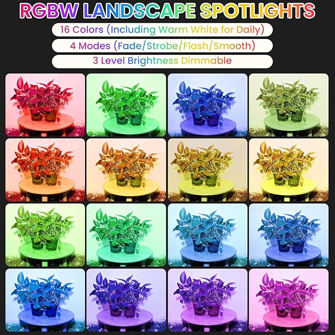 RGBW Multicolor Spotlight Outdoor: 16 Color Changing Landscape Lighting with Remotes 120V Plug in Waterproof Holiday LED Spot Light for Yard Garden Tree Bush Path Lawn Décor, 2 Pack (RGB + Warm Light)