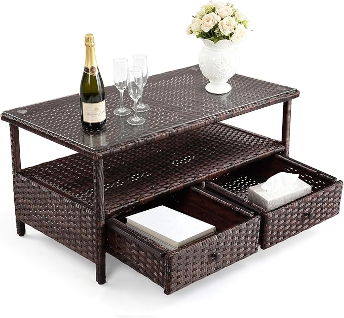 VINGLI Outdoor Wicker Coffee Table with 2 Drawers & Tempered Glass Top, Patio Coffee Table Outdoor Table for Balcony, Porch, Deck