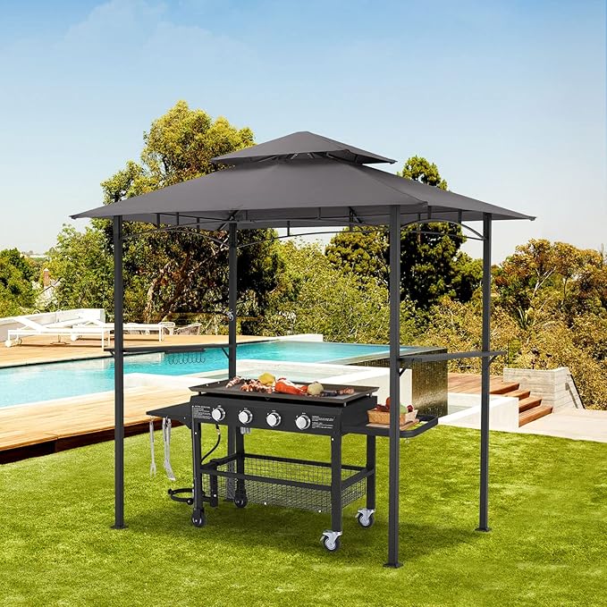 AECOJOY 8' x 5' Outdoor Grill Gazebo Canopy, BBQ Canopy for Outdoor Grill, 2- Tier BBQ Gazebo Shelter for Patio, Backyard and More (Grey)