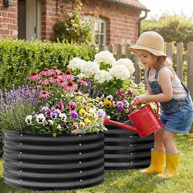 AHEONLAR 2 Pack 2x2x1.5ft Round Galvanized Raised Garden Bed Outdoor Metal Planter Box for Vegetables Steel Raised Beds for Gardening Grey