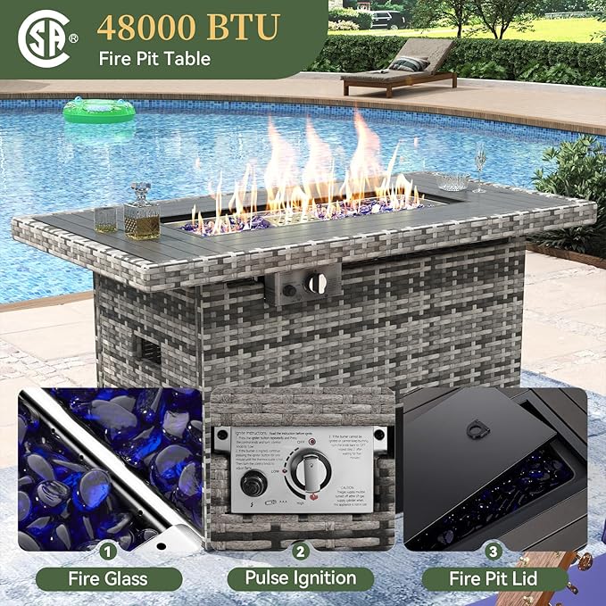 Aoxun 8 Piece Patio Furniture Set with 44'' Fire Pit Table Wicker Rattan Patio Conversation Set Outdoor Sectional Sofa Set with Coffee Table, Grey/Black (Waterproof Cover Included)