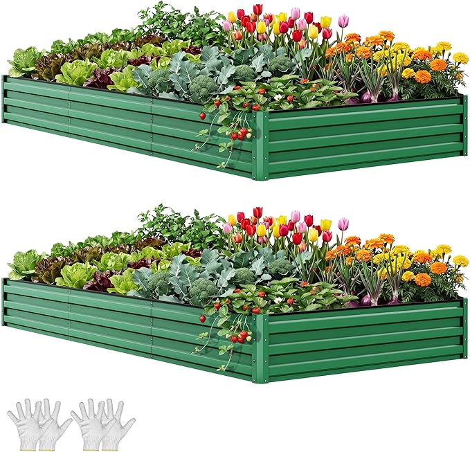 YITAHOME 8x4x1ft 2pcs Large Raised Garden Bed Kit, Galvanized Metal Planter Box with Gloves, Ground Nails & Safety Rubber, Outdoor Above Ground Planters for Plants Vegetables Flowers, Green