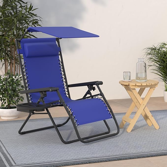 Best Choice Products Folding Zero Gravity Outdoor Recliner Patio Lounge Chair w/Adjustable Canopy Shade, Headrest, Side Accessory Tray, Textilene Mesh - Cobalt Blue