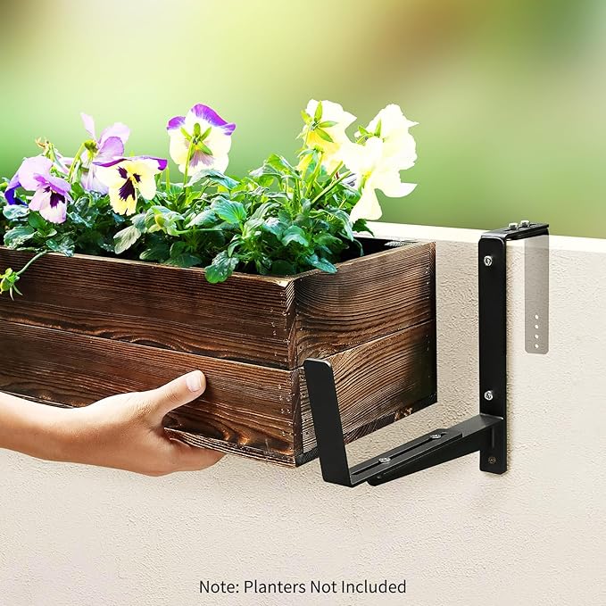 Window Box Brackets, Adjustable Planter Box Brackets, Heavy Duty Iron Flower Box Brackets for Railings, with Enhanced Bottom Support - Perfect for Balconies, Fences, and Gardens (Black, 6 Pack)