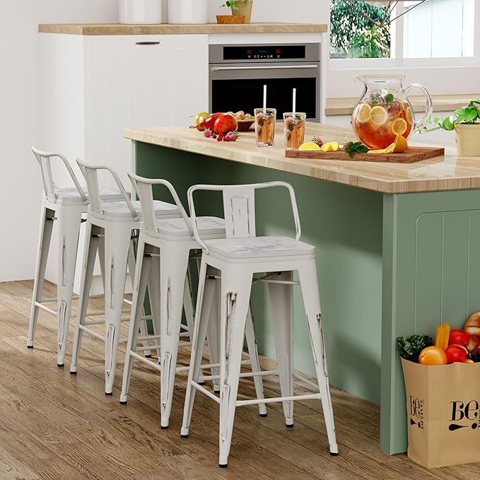 Yongchuang 26" Industrial Metal Barstools Set of 4 Counter Height Bar Stools with Back (Wood Top Low Back, Distressed White)