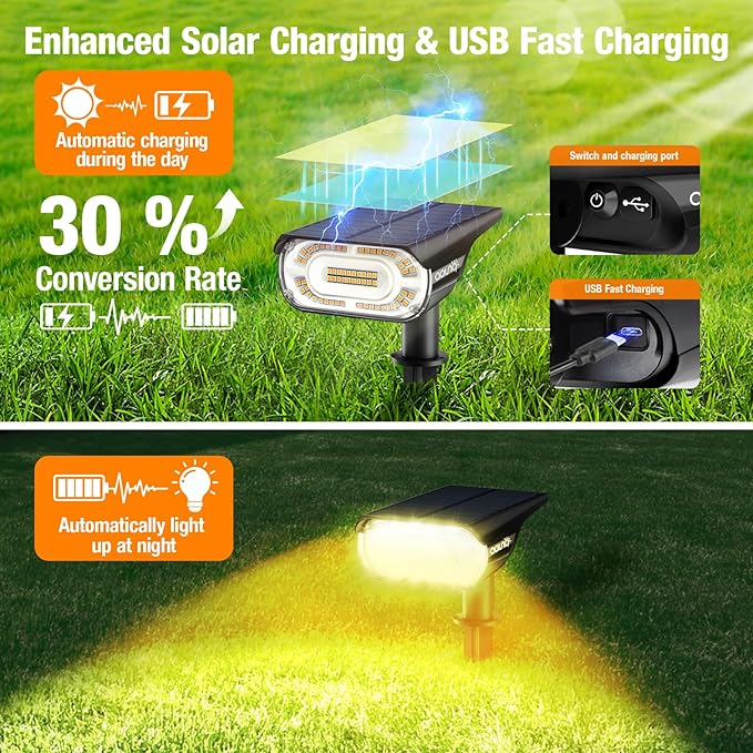 4 Pack Solar Spot Lights Outdoor 1000 Lumens, 64 LEDs IP67 Waterproof Landscape Lighting with 4 Modes - 2-in-1 Solar Spotlight & Pathway Light for Garden, Yard, Patio Decor, Warm White