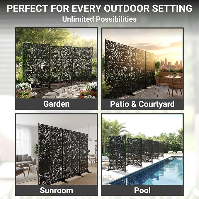 Metal Privacy Screen Outdoor – 72in Decorative Laser Cut Steel Garden Divider Panel with Tropical Leaf Design, Weatherproof Freestanding Modern Privacy Fence for Patio, Deck, Backyard & Balcony