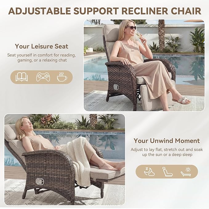 3 Pieces Zero Gravity Wicker Patio Recliner Chairs Set of 2 - Wicker Outdoor Lounge Chair with Side Table, Adjustable Backrest & Footrest, High Back Outdoor Recliner Chair for Pool Deck Beige